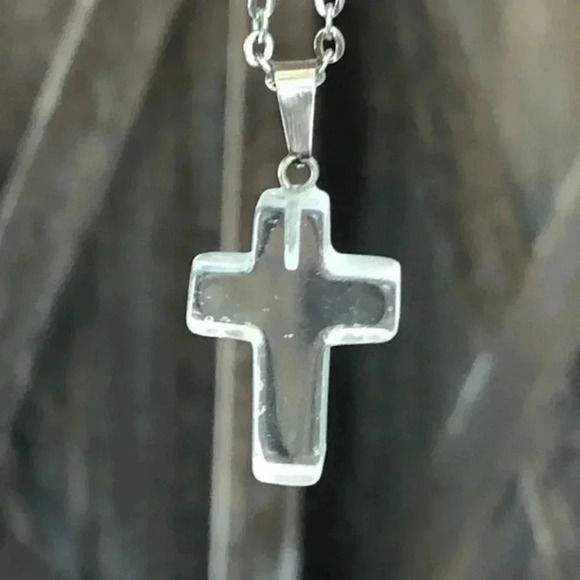 Clear Glass Cross Stainless Steel Necklace NWT - Picture 1 of 4